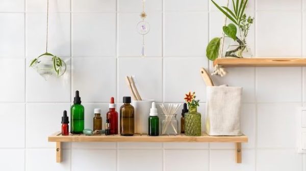 How do you organize deep shelves in a bathroom?