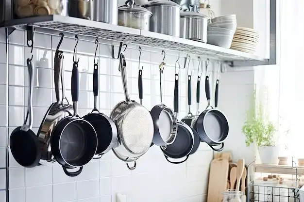 How do you hang pots and pans in a small kitchen