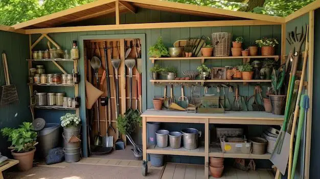 How do you store garden tools in a metal shed