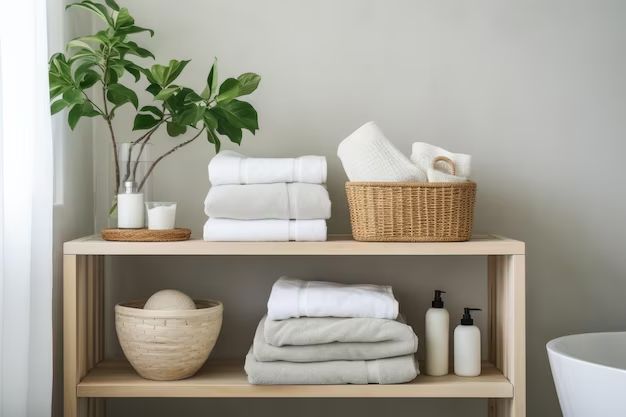 Where should towels be stored in a bathroom