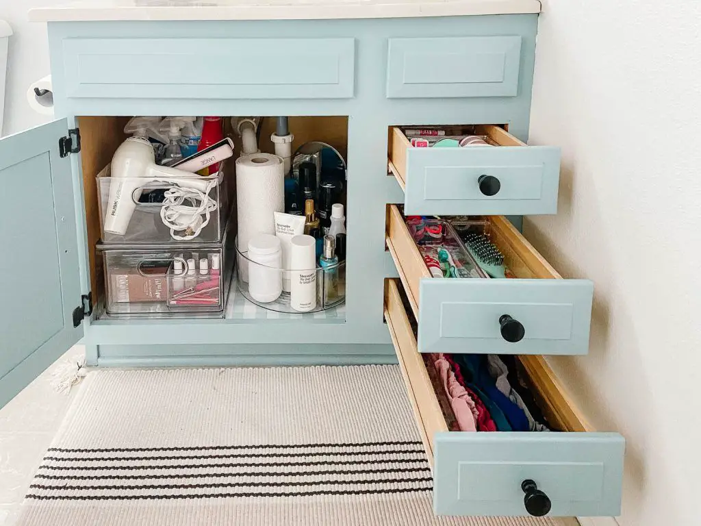 How do you organize a bathroom with deep drawers